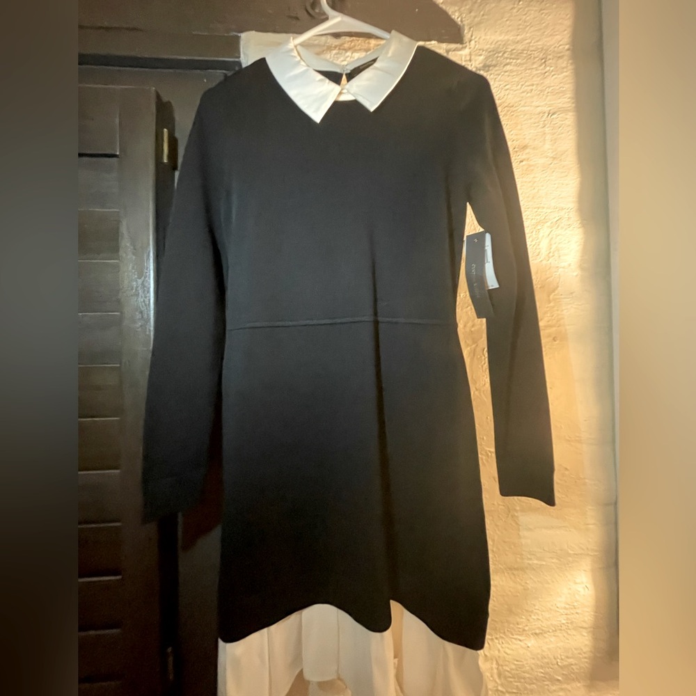 Cynthia Steffe Black Heather Sweater Dress White Collar Ruffle Hem. NWT S/P